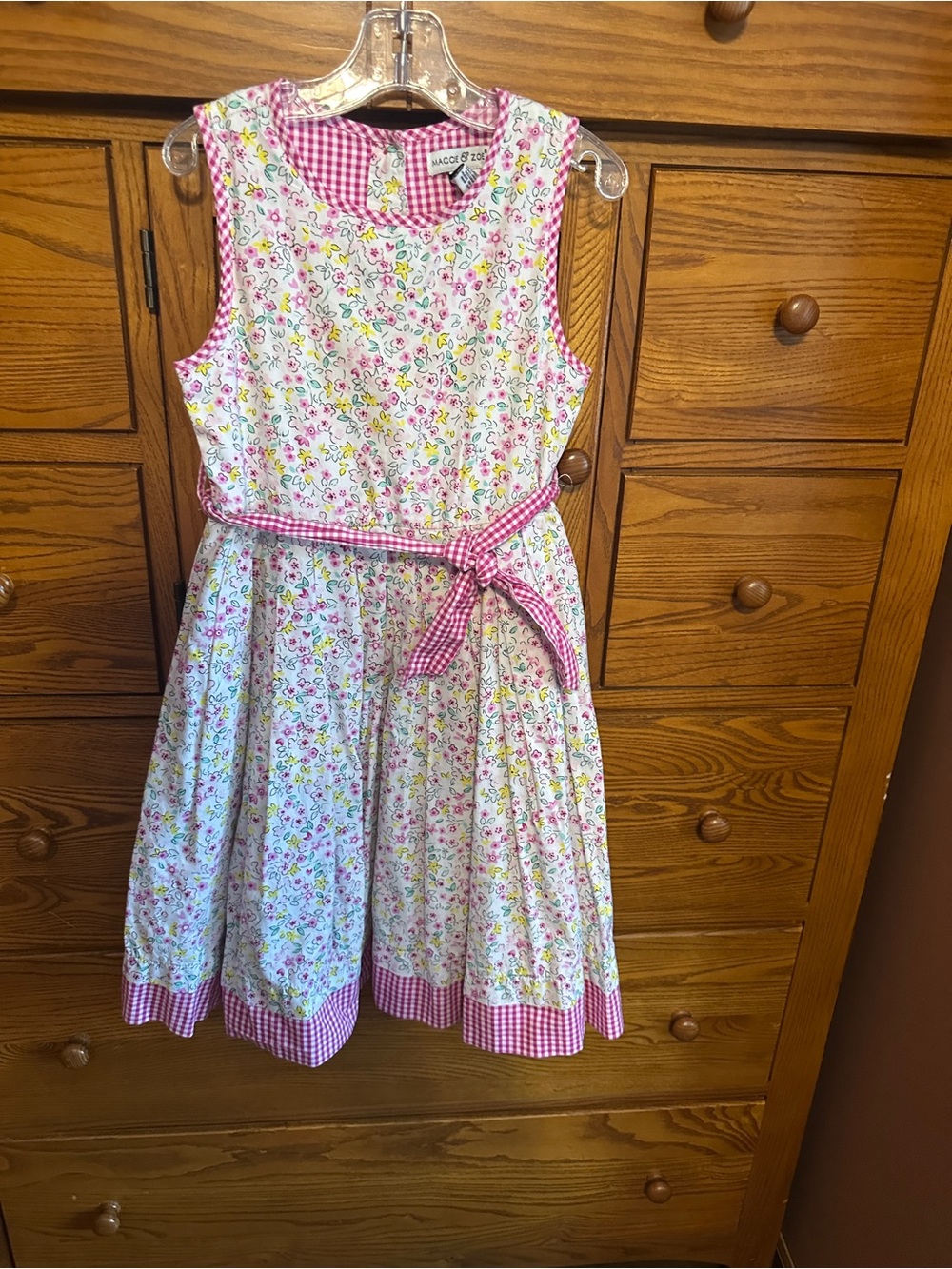 Maggie & Zoe White Floral Dress with Pink Gingham Trim